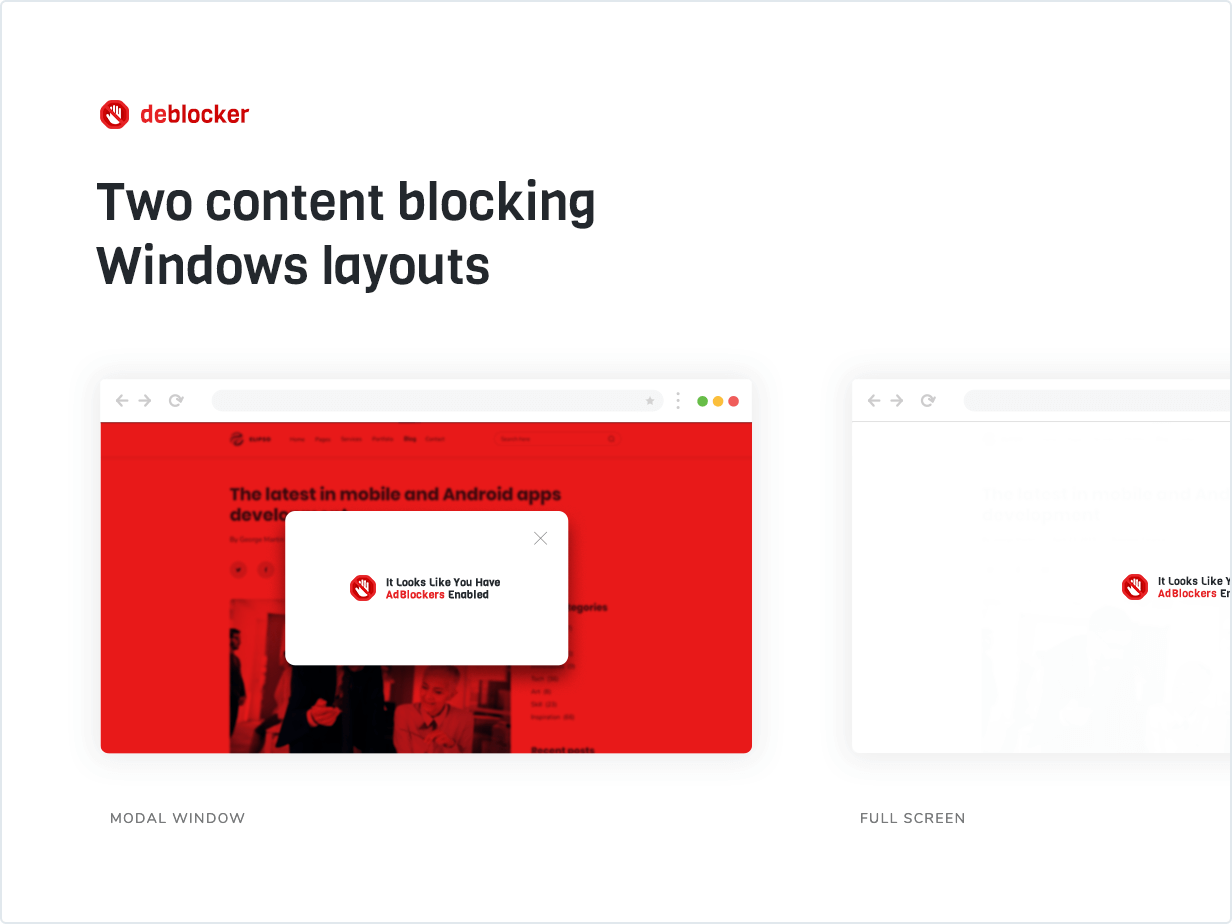 Two Content Blocking Windows Layouts - DeBlocker Anti AdBlocker WordPress Plugin